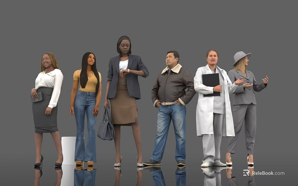 Group of Diverse People in Various Attires Standing Together with Different Professional Roles and Poses 3d model 