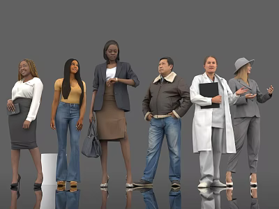 Group of Diverse People in Various Attires Standing Together with Different Professional Roles and Poses 3d model