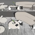 Modern Living Room Sofa Coffee Table Set Featuring Curved Sofa Round Armchairs And Plants