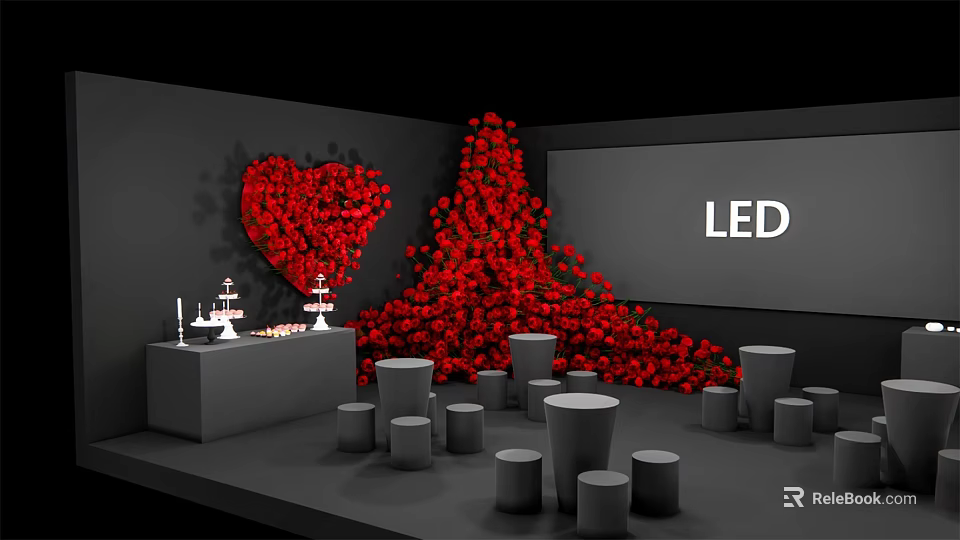 Floral Display With Red Heart Shaped Wall Rose Tower LED Screen Gray Cylindrical Stools And Decorative Stands 3d model 