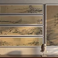 Traditional Chinese Landscape Paintings Hanging on Wall With Buddha Head Statue Decoration