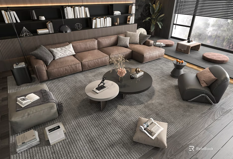 Modern L Shaped Sofa And Coffee Table Set With Pillows Rug And Bookshelf 3d model 