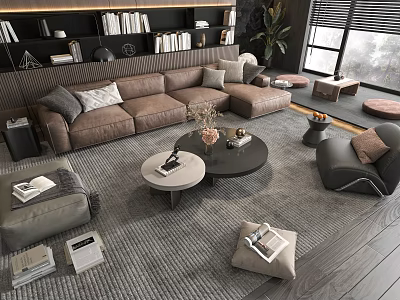 Modern L Shaped Sofa And Coffee Table Set With Pillows Rug And Bookshelf 3d model