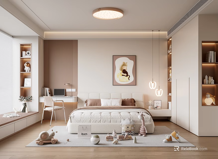 Cozy Kids Room Interior With Bed Toys Desk And Decorative Wall Art 3d model 