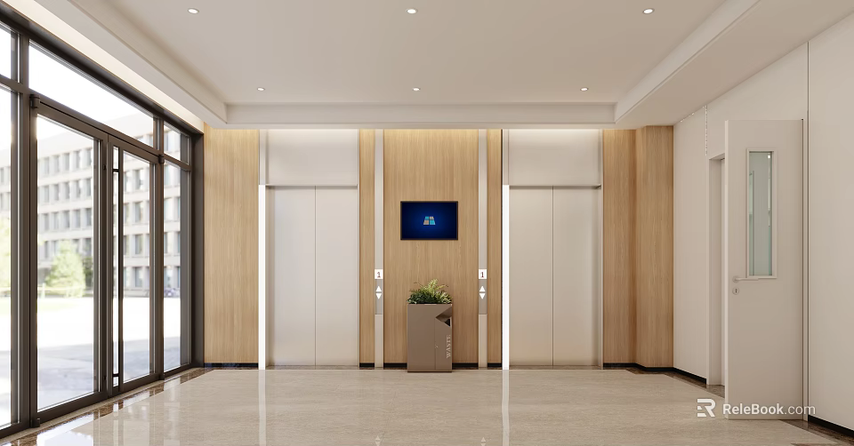 Modern Elevator Lobby With Wooden Walls Elevator Doors Digital Screen And Potted Plant 3d model 
