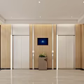 Modern Elevator Lobby With Wooden Walls Elevator Doors Digital Screen And Potted Plant