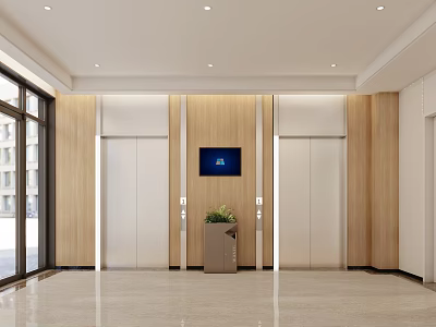 Modern Elevator Lobby With Wooden Walls Elevator Doors Digital Screen And Potted Plant 3d model