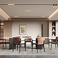 Modern Restaurant Interior With Dining Table Brown Chairs Pendant Lights And Artwork 3d model