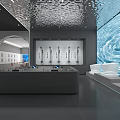 Modern Showroom Interior With Water Ripple Backdrop Ceiling Design And Reception Desk 3d model