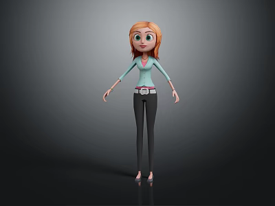 Cartoon Red Haired Female Character Wearing Light Green Top And Black Pants On Gray Background 3d model