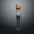 Cartoon Red Haired Female Character Wearing Light Green Top And Black Pants On Gray Background