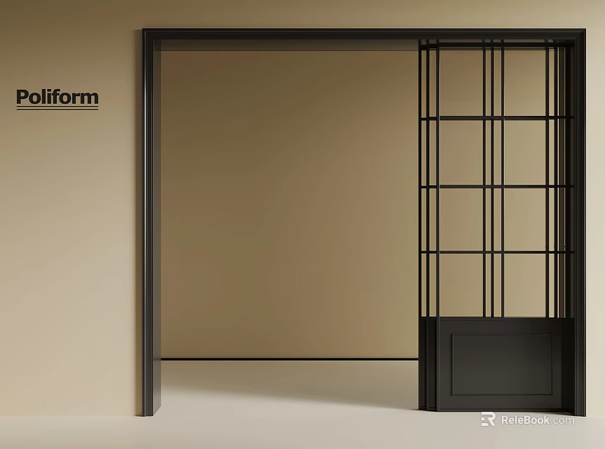 Poliform Open Interior Door Black Framed With Grid Pattern Modern Minimalist Light Beige Wall 3d model