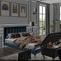 Cozy Bedroom Interior With Bed Pink Blanket White Nightstand And Grey Storage Ottoman