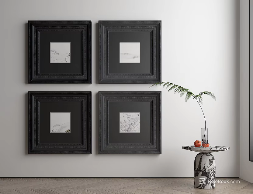 Black Framed Artworks On White Wall With Small Table Vase Green Plant And Red Decor 3d model 