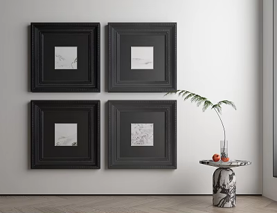 Black Framed Artworks On White Wall With Small Table Vase Green Plant And Red Decor 3d model