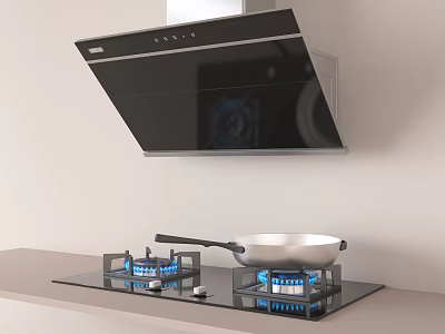 Modern Kitchen Appliances with Gas Cooktop Frying Pan Range Hood and Blue Flames 3d model