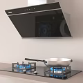 Modern Kitchen Appliances with Gas Cooktop Frying Pan Range Hood and Blue Flames