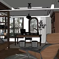 Study Room Interior With Wooden Bookshelves Desk Blue Stools Leather Chair And Arch Windows