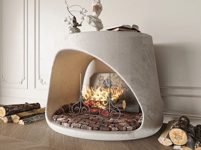 Modern Curved Concrete Fireplace With Burning Fire Firewood And Decorative Items In Living Room 3d model 