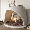 Modern Curved Concrete Fireplace With Burning Fire Firewood And Decorative Items In Living Room