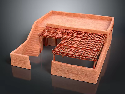 Traditional Red Brick Residential Building With Staircase And Roofed Section Design 3d model
