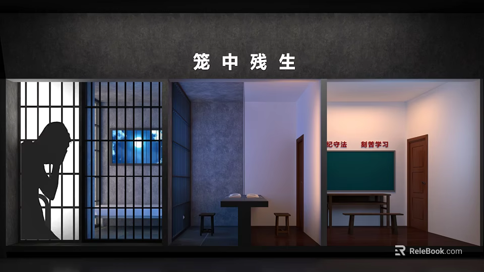 Caged Life Themed Room Featuring Iron Bars Desk Stools And Classroom Blackboard 3d model 