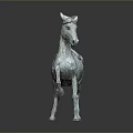 Ancient Bronze Horse Sculpture With Green Patina In Running Pose And Saddle Details