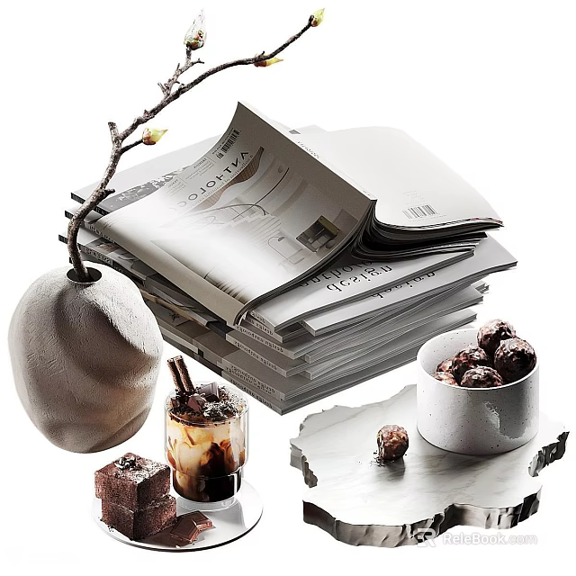 Decorative Ornament Arrangement With Stacked Magazines Ceramic Vase Iced Drink Chocolate Desserts And Stone Tray 3d model 