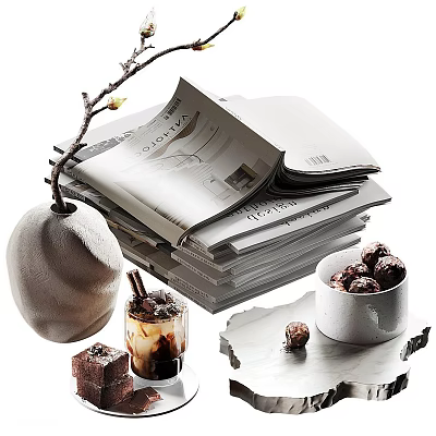 Decorative Ornament Arrangement With Stacked Magazines Ceramic Vase Iced Drink Chocolate Desserts And Stone Tray 3d model