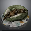 Green Snake Shaped Cat Bed With Sleeping Tabby Cat On Patterned Mat