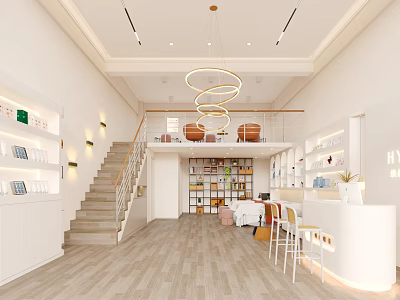Clothing Store Interior With White Decor Staircase Round Pendant Lights Display Shelves And Front Desk 3d model