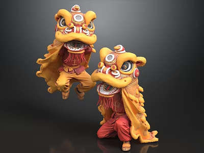 Two Energetic Performers Doing Traditional Lion Dance In Yellow Red Costumes 3d model