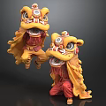 Two Energetic Performers Doing Traditional Lion Dance In Yellow Red Costumes