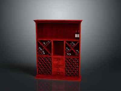 Wooden Red Wine Cabinet with Wine Bottle Grid Compartments Drawer and Top Shelf Storage 3d model