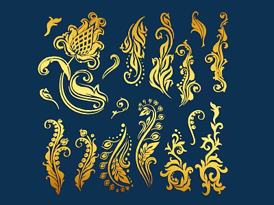 Ornate Golden Decorative Patterns With Floral Swirls On Dark Blue Background 3d model