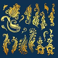 Ornate Golden Decorative Patterns With Floral Swirls On Dark Blue Background
