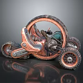 Futuristic Three Wheeled Car With Metallic Structure And Large Wheels Design