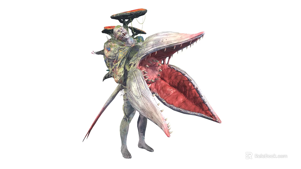 Fierce Game Movie Character With Giant Mouth Red Interior Biomechanical Back Gear And Long Tail 3d model 