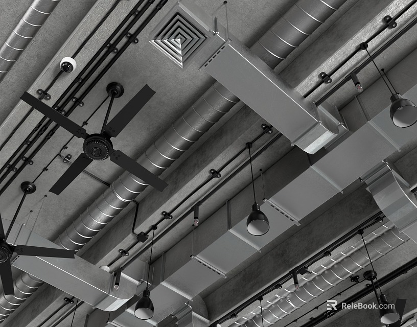 Industrial Ceiling With Exposed Metal Pipes Fans And Lighting Fixtures 3d model 