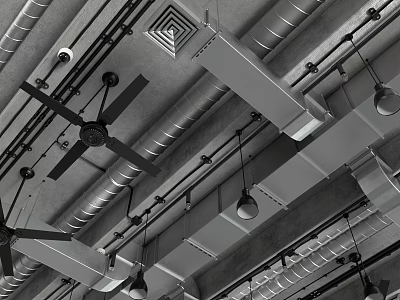 Industrial Ceiling With Exposed Metal Pipes Fans And Lighting Fixtures 3d model