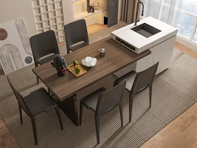 Modern Wooden Dining Table Set With Black Chairs Kitchen Counter Sink And Bright Window View 3d model