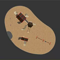Red Playground Structures With Slides Swings Sand Area And Climbing Features