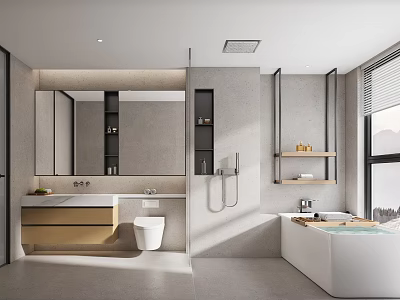 Modern Gray Bathroom Interior With Large Mirror Wall-Mounted Vanity And Freestanding Bathtub 3d model