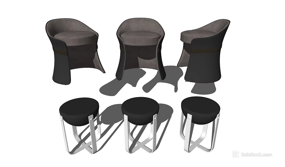 Three Modern Leisure Chairs With Curved Backrests Gray Fabric And Black Bases 3d model 