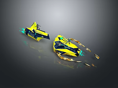 Two Yellow And Blue Streamlined Jet Skis With Gold Accents And Modern Design 3d model