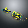Two Yellow And Blue Streamlined Jet Skis With Gold Accents And Modern Design