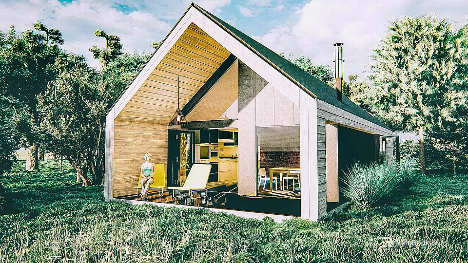 Modern Guesthouse Building with Gabled Roof Open Design and Lush Green Surroundings 3d model 