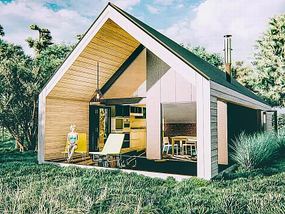 Modern Guesthouse Building with Gabled Roof Open Design and Lush Green Surroundings 3d model