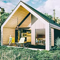 Modern Guesthouse Building with Gabled Roof Open Design and Lush Green Surroundings