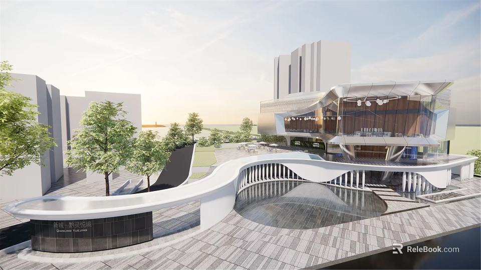 Modern Sales Office Building with Surrounding Trees Curved Walkway and Water Feature 3d model 